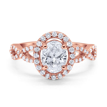 14K Rose Gold Art Deco Halo Wedding Ring Oval Round Simulated Cubic Zirconia Size-7